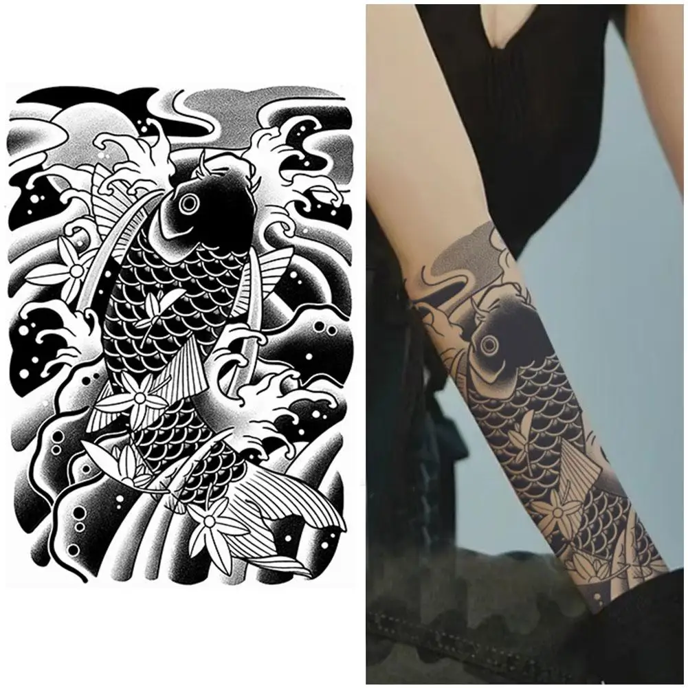 

NEW Waterproof Temporary Tattoo Sticker Semi-permanent Non-reflective Old Traditional Blossom Arm Koi Fish Fake Tattoos