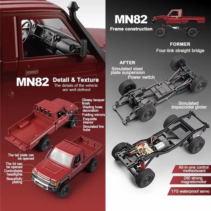 1:12 Full Scale RC CAR MN82 Upgraded MN82 PRO Controllable Headlights 2.4G 4WD Off-Road Car Pick Up Truck Toy for Kids Gifts