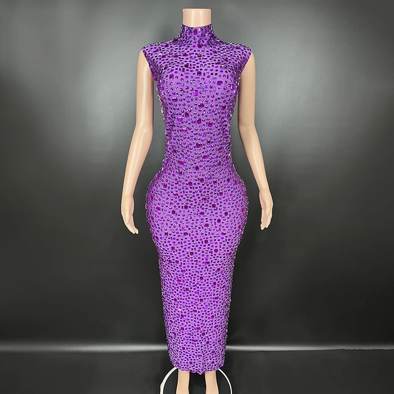 

New Sexy Long Purple Crystals Evening Party Dress For Women