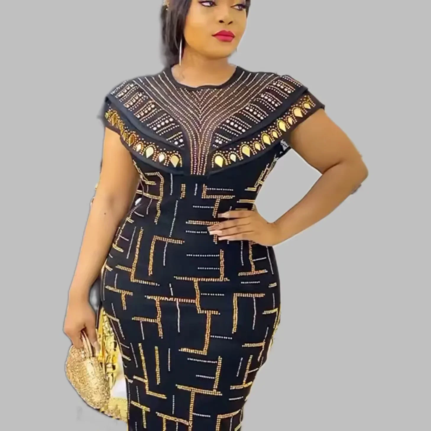 

2023 Black White African Dresses for Women Summer African Women Sleeveless Polyester Sequin Evening Dress African Clothes