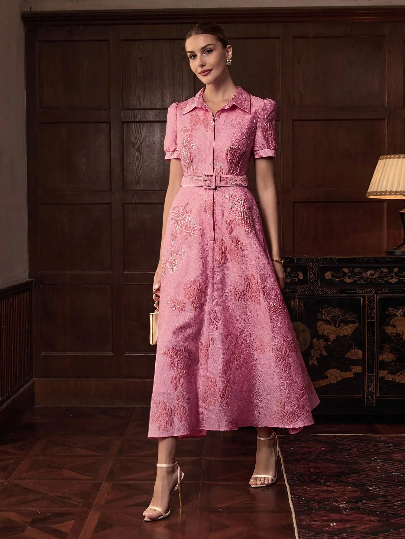 

Womens Floral Jacquard Puff Sleeve Shirt Dress