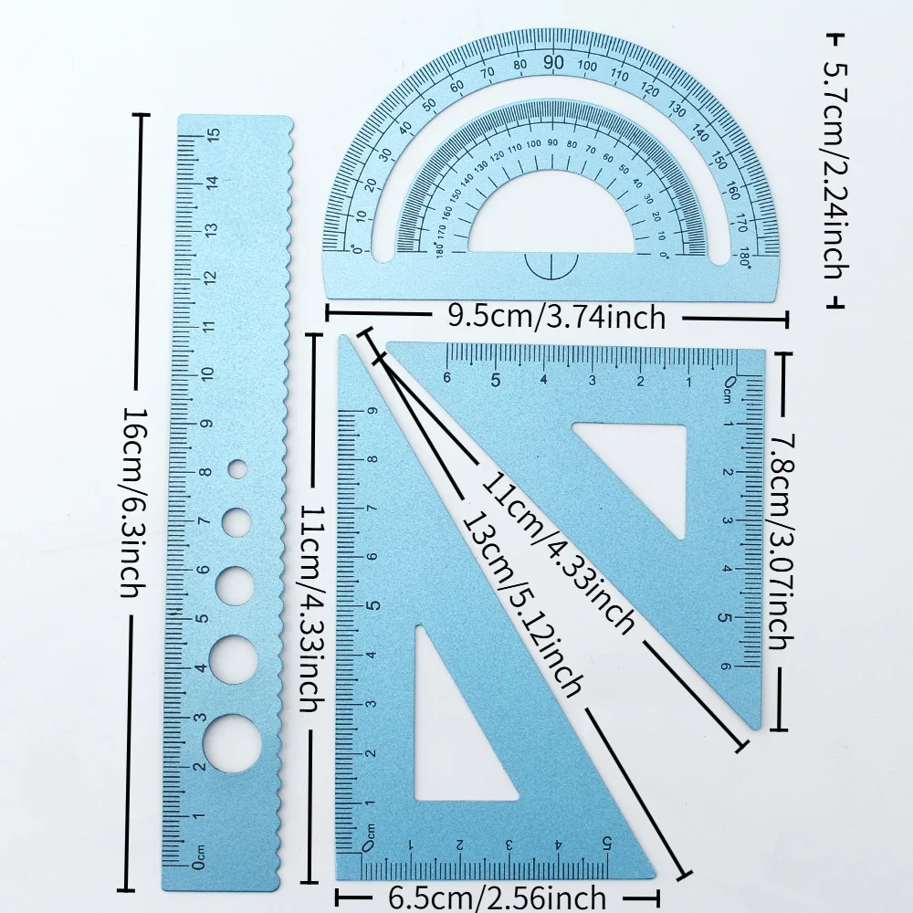 4 in 1 Aluminum Alloy Set Square Combination Learning Drawing Tools Triangle Ruler Protractor Art Kit