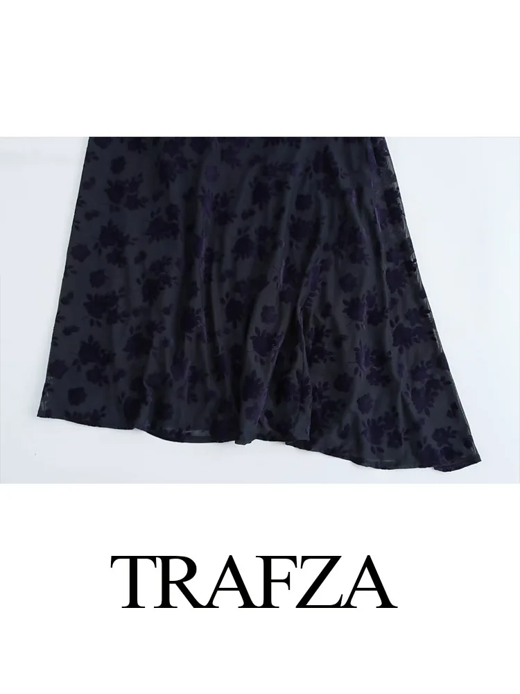 TRAFZA Elegant Woman Texture Street Style Skirt Women High Waist Flocking Asymmetrical Fold Decorate Chic Slim Long Skirt Mujer