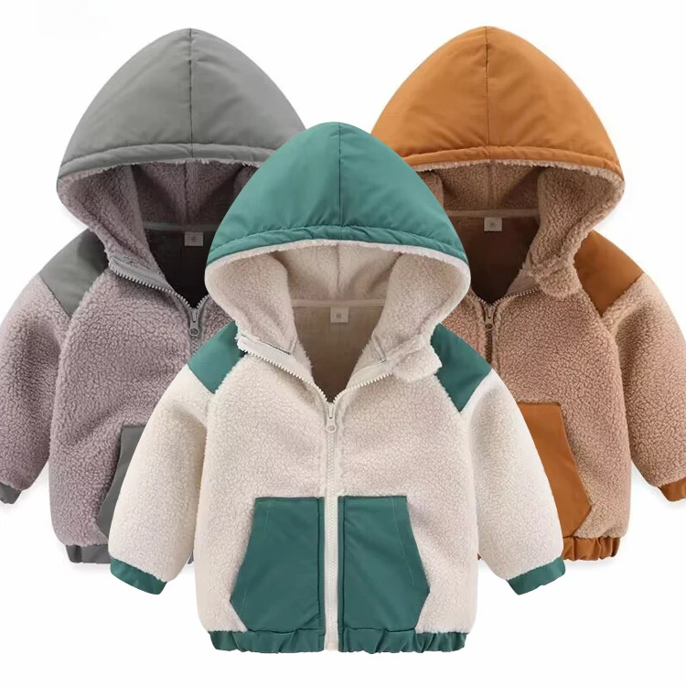 

2024 Autumn/Winter New Thickened Cotton Coat Lamb Fleece Warm Hooded Color Block Coat 2-7 Year Old Outdoor Childrens Coat