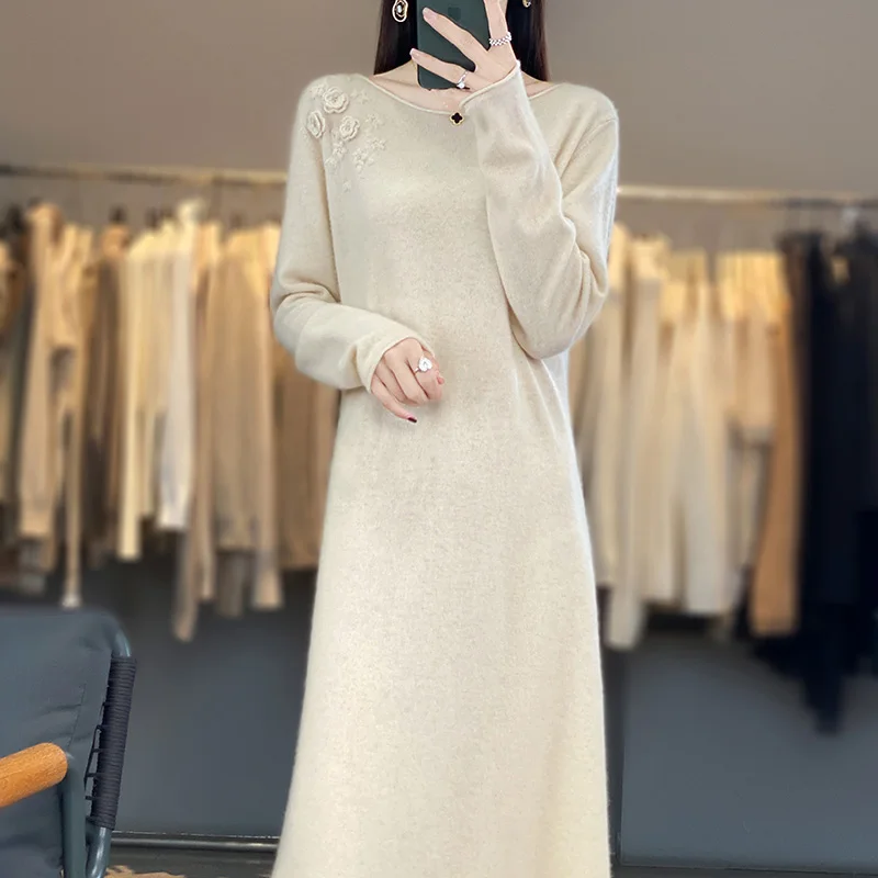 

Autumn Winter 100% Pure Cashmere Knitted Dress Embroidered Chinese style long elegant dress skirts plus size women sweater dress