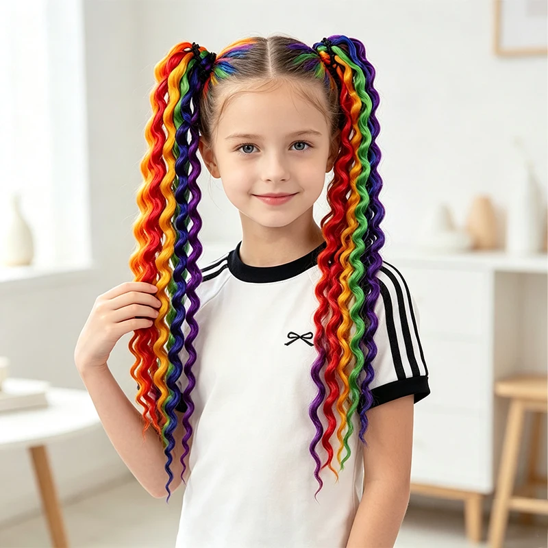 Kids Rainbow Curly Ponytail Wig Synthetic Hairpiece Dance Recital Birthday Party Two Strand Braid Extension Stretchy Hair Tie