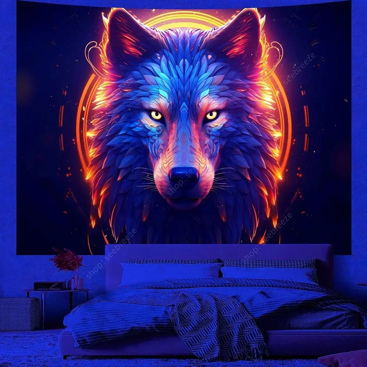 Animal Tapestry Psychedelic Wolf UV Reactive Tapestry Wall Hanging Hippie Room Decor Sofa Blanket Beach Towel Gift for Friend