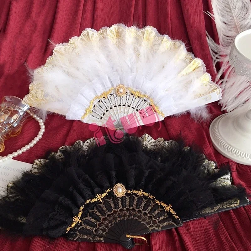 Lolita KC Cosplay Hand-Held Fans Vintage White Black Angel Feather Folding Fan Dark Gothic Court Dance Home Decoration Hand Fan