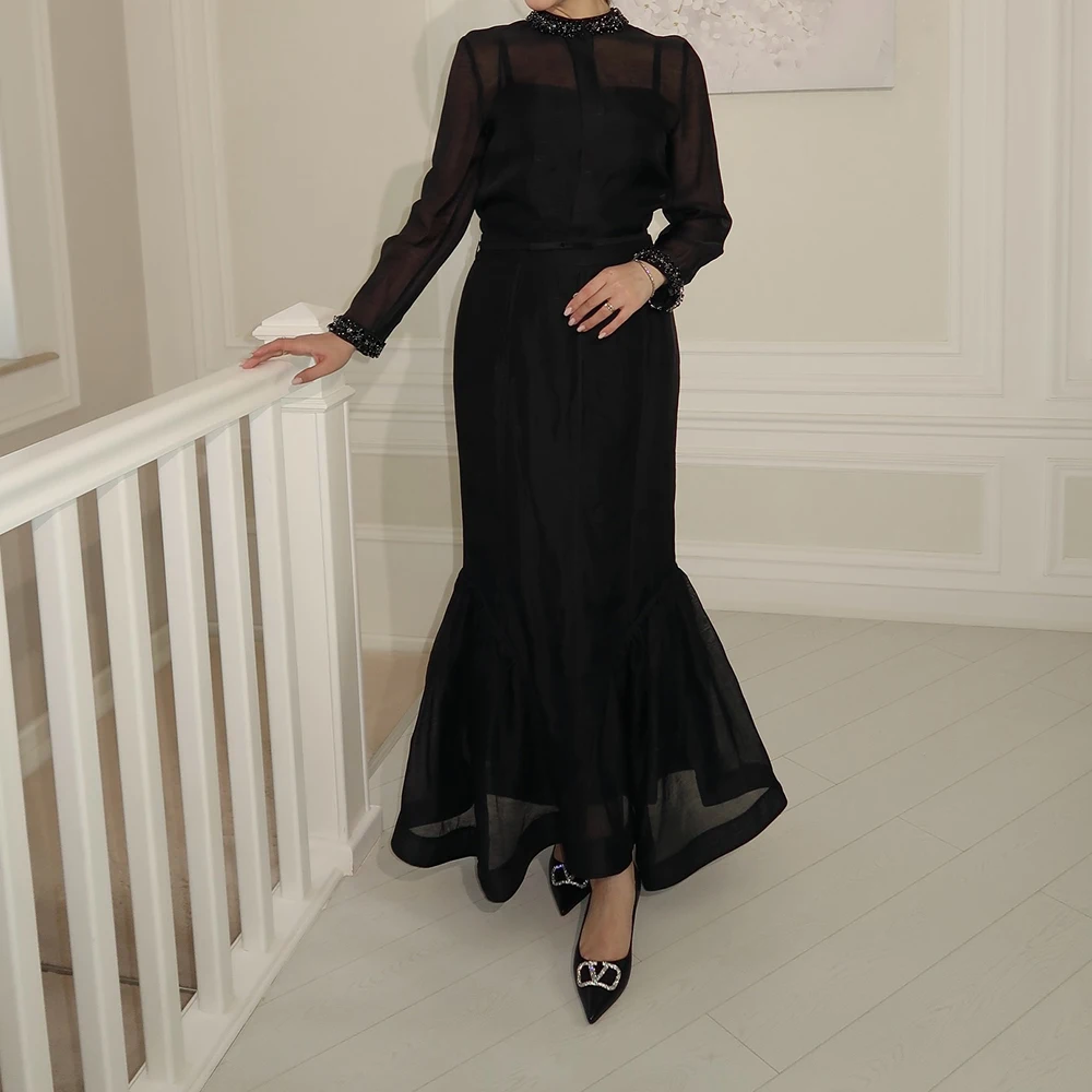 

Customized A-line Evening Dresses Ankle-length High-neck Full Sleeve Prom Gown Fashion Crystal Simple Draped Casual Party Gown