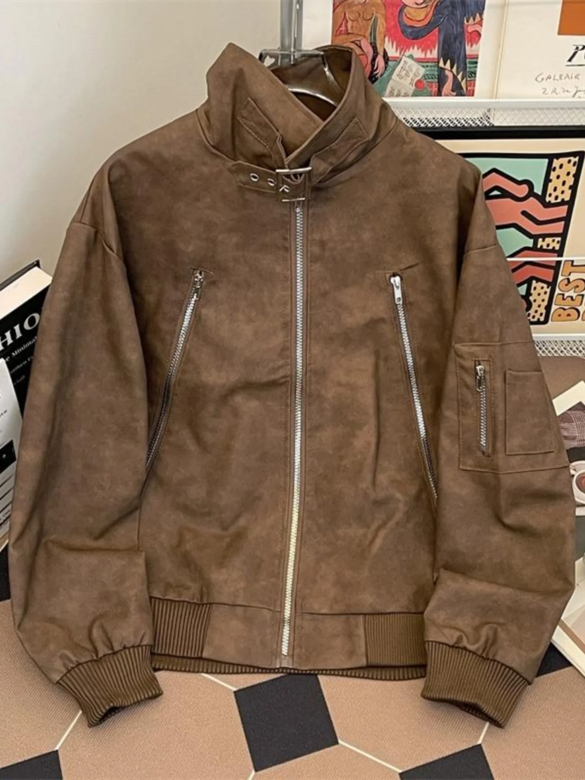 

Мужская кожаная куртка в стиле ретро-винтаж с молнией, воротником-стойкой, ветрозащитная, молодежная, модная, осенняя верхняя одежда