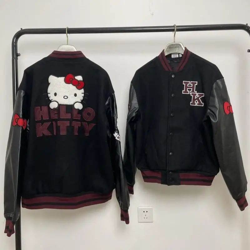 Sanrio Clothes Hello Kitty Pu Spliced Baseball Uniform Anime Cartoon Autumn and Winter Thick Windproof Outdoor Cute Girls Jacket