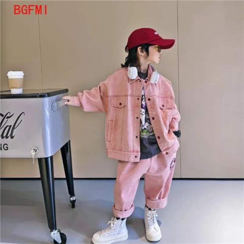 

Teen Girl New Spring/Autumn Boys Clothing Suit Korean Pink Children's Denim Set 2pcs Sets Children Clothes 4-12 Yrs Pink Outfits