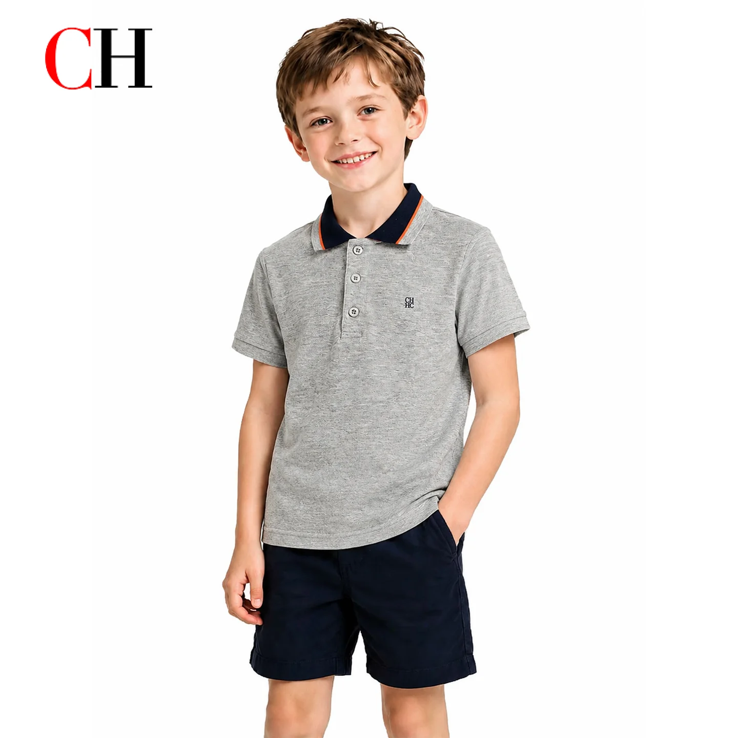 CH Kids Boy Short Sleeve Polo Shirt Contrast Edge Collar Embroidered Logo Cotton Daily School Sports Casual Tops
