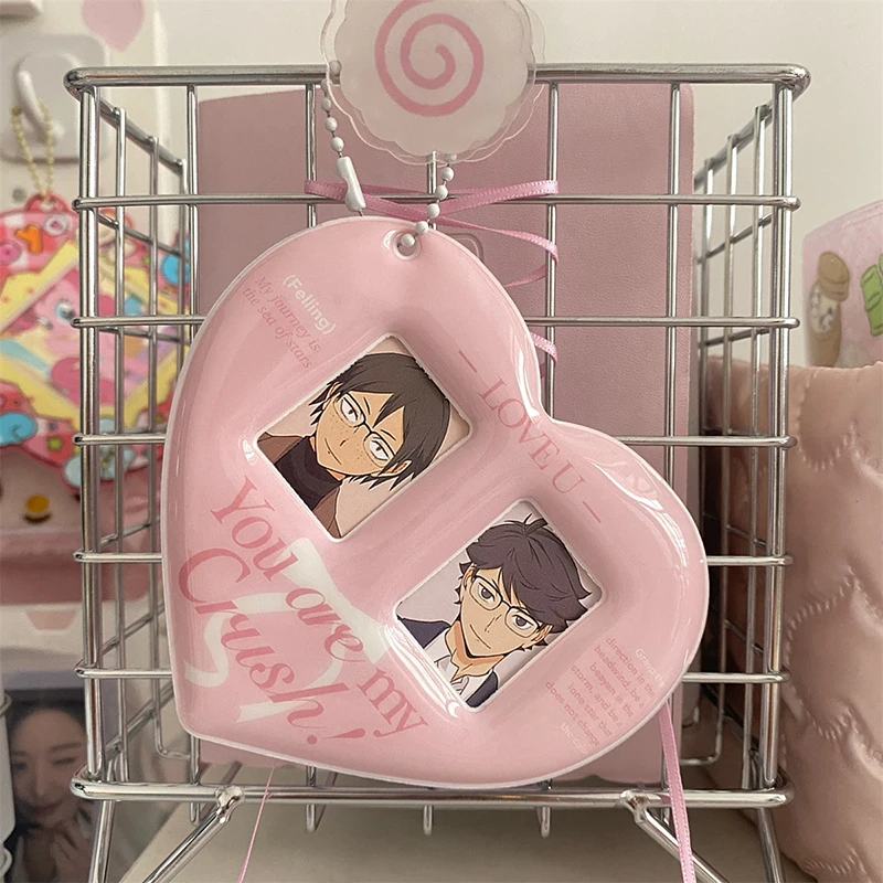 Zoete Foto Kaarthouder Anti-Verloren Sleutelhanger Dubbele Sleuf 1 Inch Foto Beschermhoes Hartvormige Kaart Mouw Tas Hanger