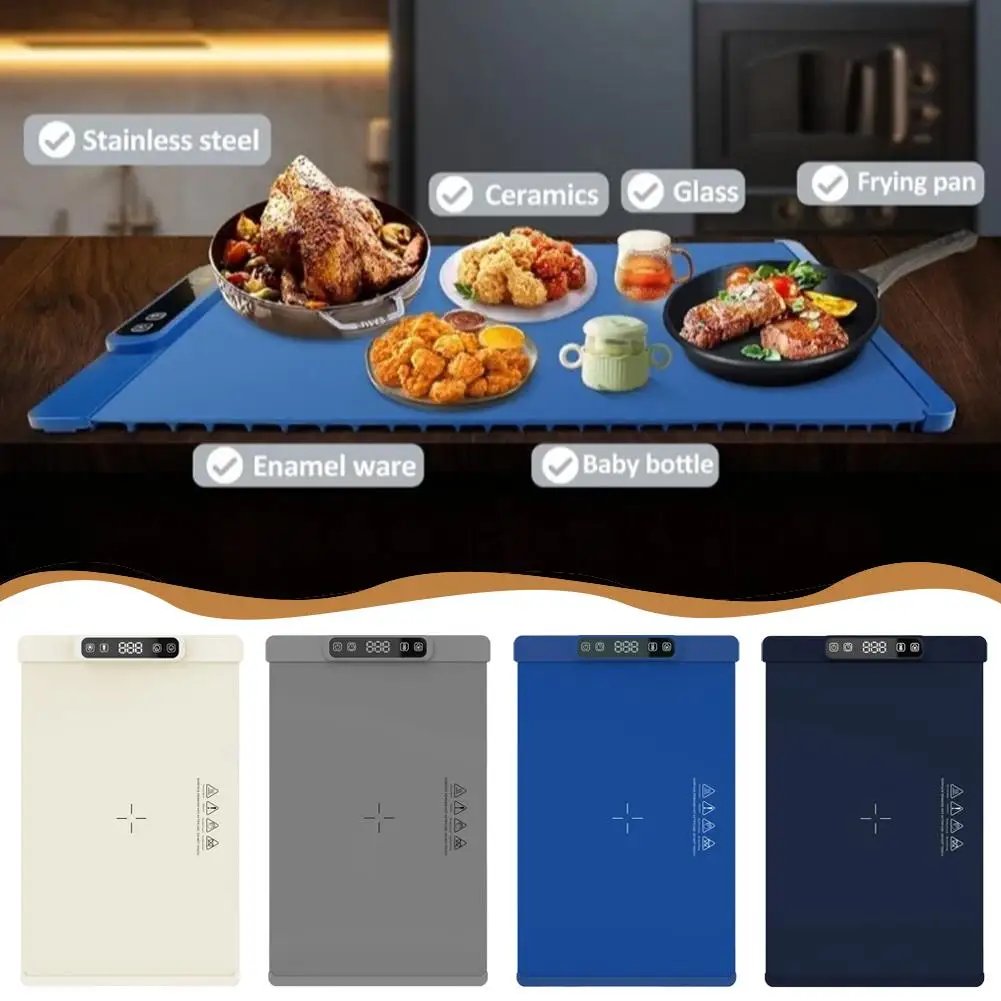 صينية تدفئة كهربائية مع درجة حرارة قابلة للتعديل، سخان طعام قابل للطي، تسخين سريع، سخان طعام، مفرش طاولة من السيليكون
