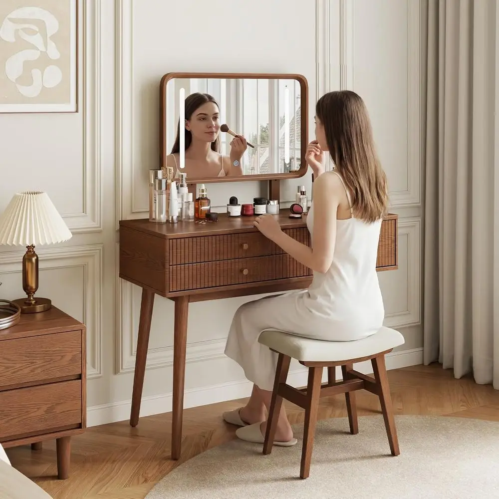 

Walnut Wood Triple-Drawer Vanity with Adjustable 3-Color Mirror Light for Bedrooms and Dressing Rooms