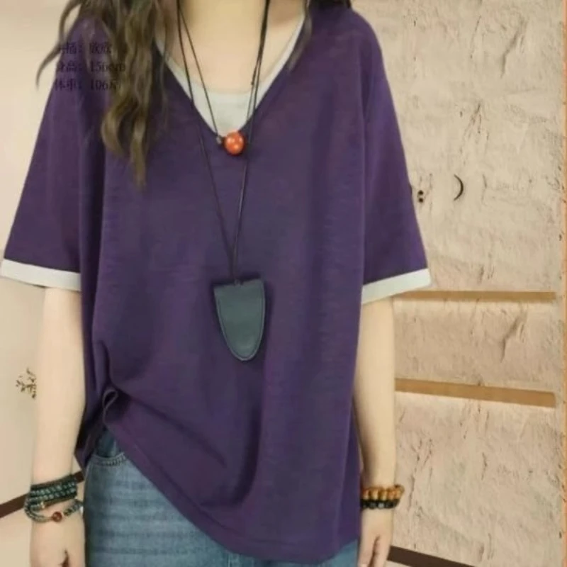 الخامس الرقبة التباين المرقعة حجم كبير بلايز عادية كم قصير وهمية قطعتين خمر تي شيرت الصيف موضة الاتجاه ملابس حريمي