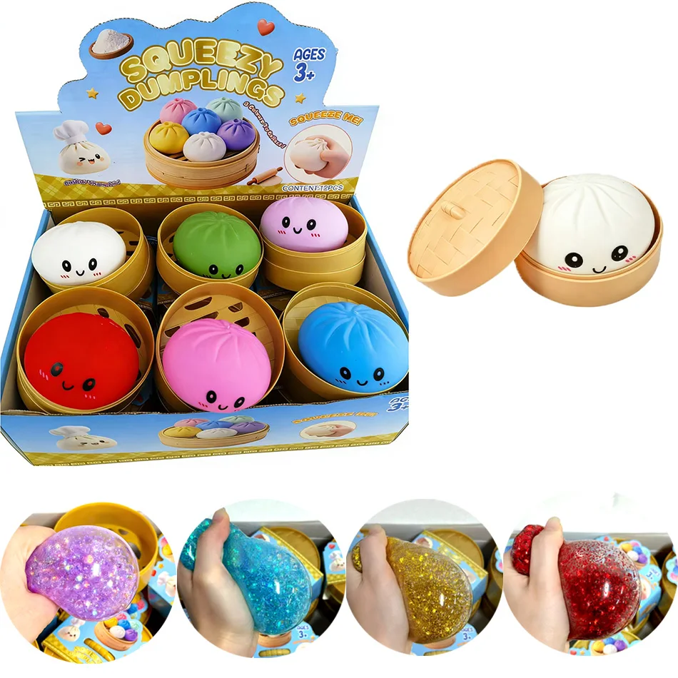 HOT! Realistic Giant Dumpling Squeeze Toy with Bamboo Steamer Soft TPR Dough Ball Decompression Fidget Toy Funny Creative Gifts