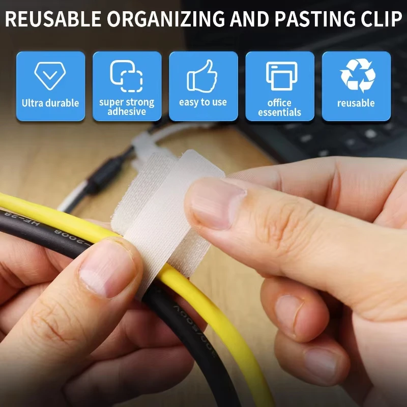 Self Adhesive Reusable Hook and Loop Cable Ties - Adjustable Cord Organizer Straps for Desk, Home & Office Cable Management