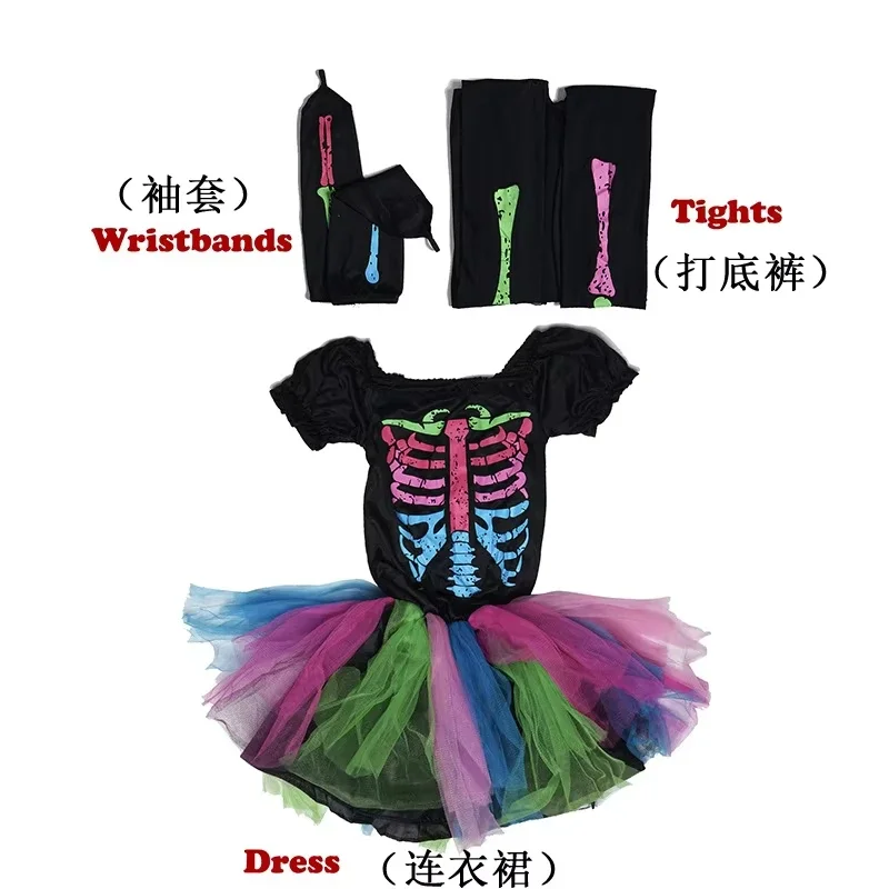 Toddler Girls Witch Cosplay Costume Multicolor Skeleton Short Sleeve Mesh Tutu Skirt Accessories Halloween Carnival Dress Up