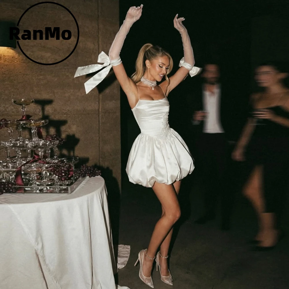 Ranmo Modern Short White Spaghetti Strap Wedding Party Dress Pleat Corset Mini Birthday Dress Applique 2026 Prom Gown Customized
