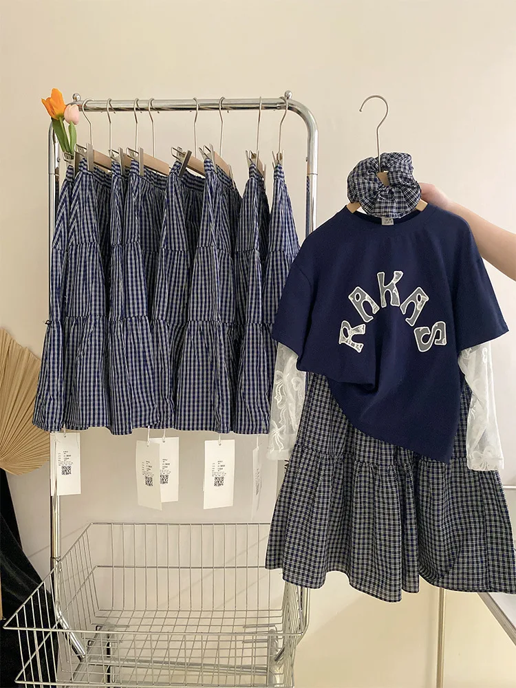 

Girls Lace Bow Fake Two-piece Top2025Versatile Patchwork Plaid Skirt Stylish Two-Piece Set