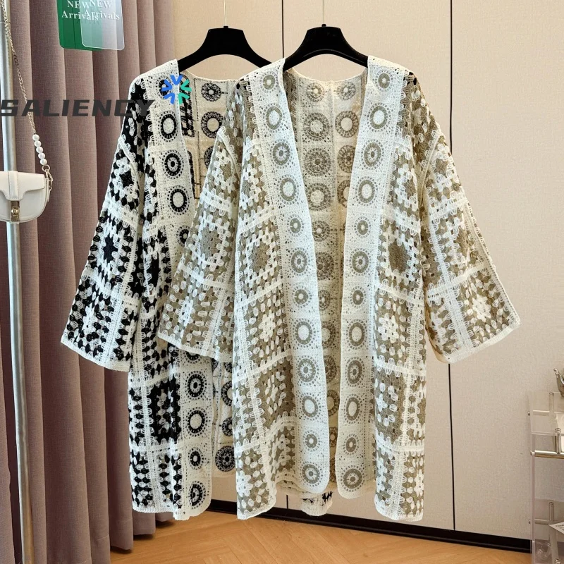SALIENCY Women's Loose Crochet Sweater Cardigans Long Sleeve Hollow Out Spring Summer Knit Cardigan Jacket Sun Protection Shirt