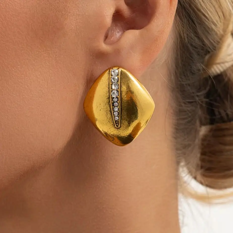 IngeSight.Z Punk Trend Inlay Rhinestone Geometry Metal Stud Earrings Women Vintage Irregular Gold Color Piercing Earring Jewelry