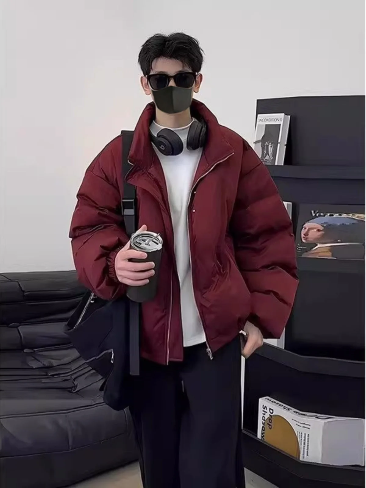 

Men's down Cotton Jaet ort Bread Sle Red Wine Color Warmth Youth Faion Winter Outerwear Zipper Closure Casual Coat