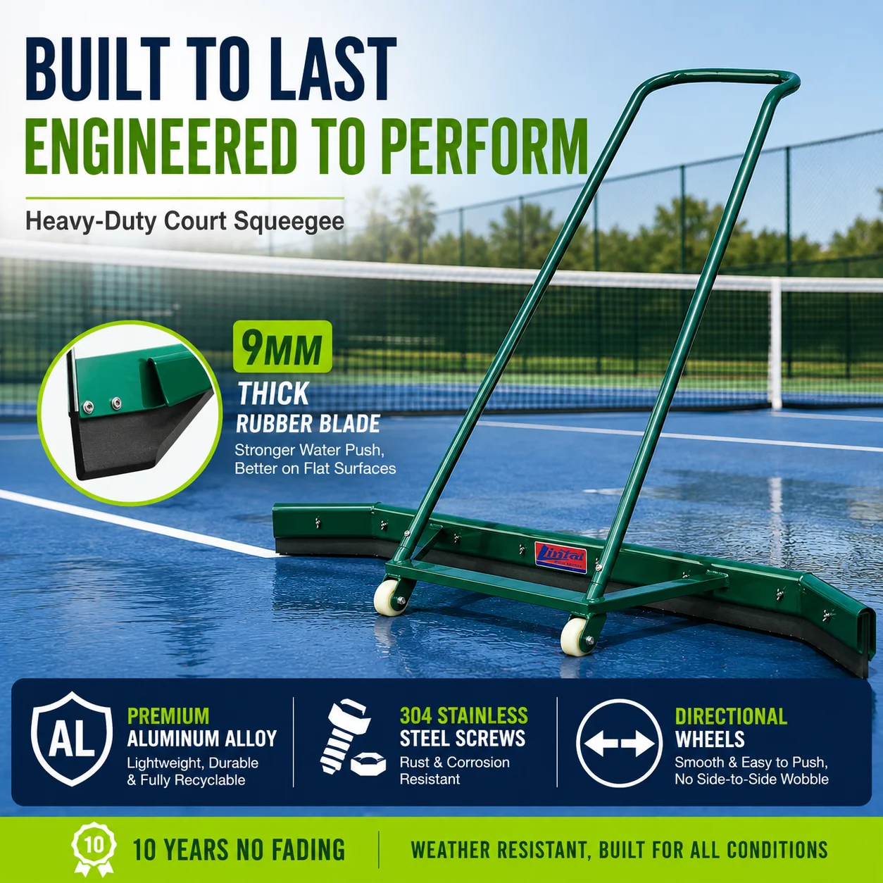 Heavy Aluminum Court Squeegee 60 Inch Water Pusher Directional Wheel 9mm Thick Blade All Weather Sports Field Drainage Tool