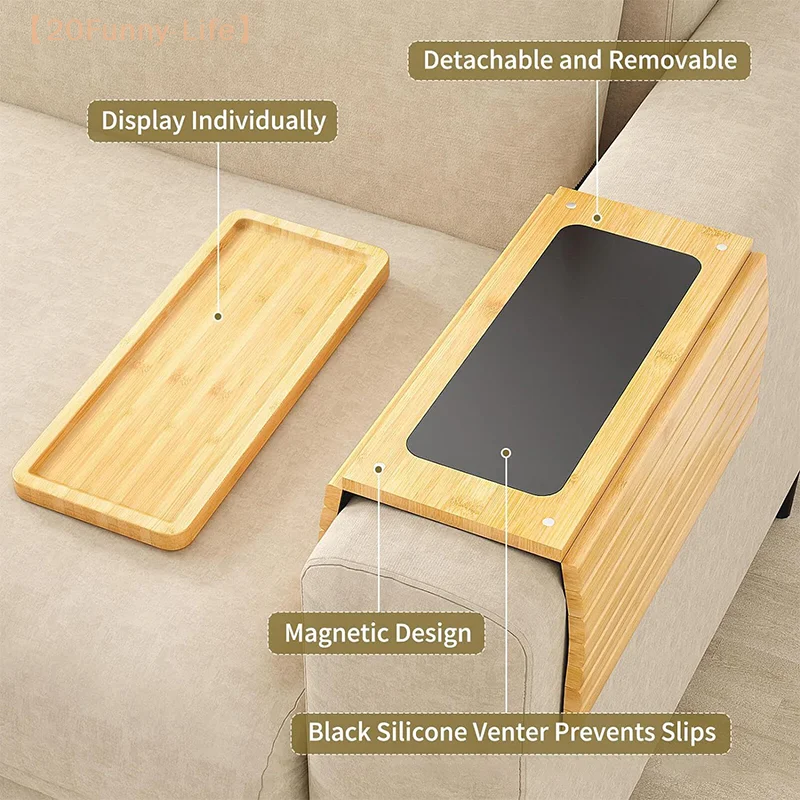 Removable Couch Cup Holder Natural Bamboo Anti-Slip Sofa Armrest Tray Foldable Multifunctional Sofa Cup Holder