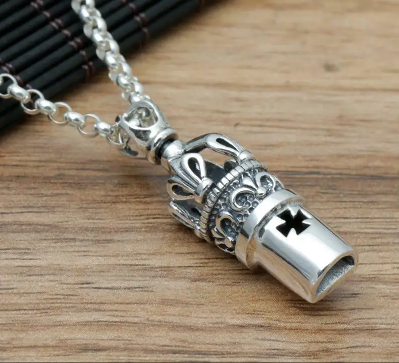 New S925 Silver Retro Fashion Whistle Crown Whistle Necklace Pendant Gift