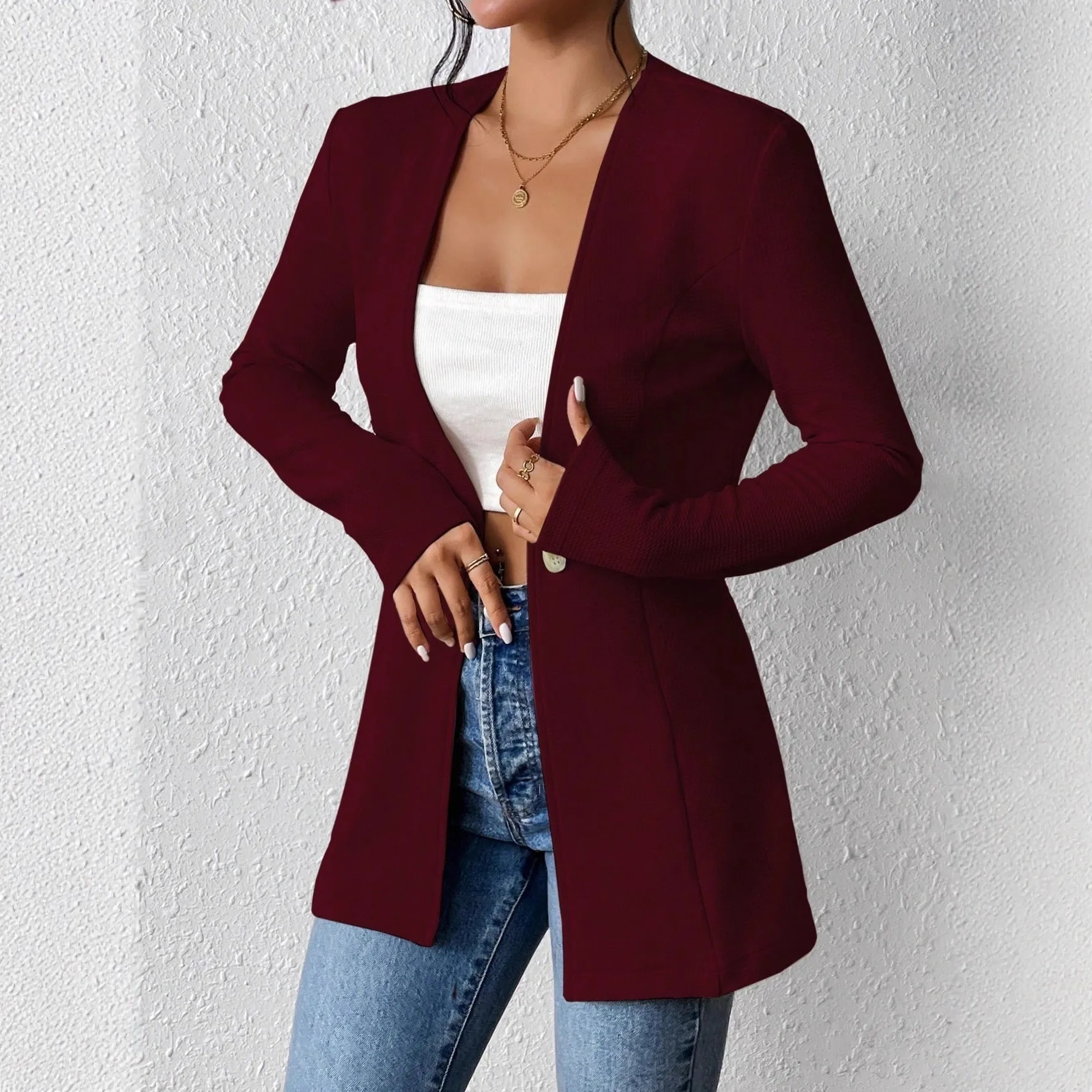 Long Sleeve No Hood Suit Mid Length Regular Fit Japanese Korean Casual with V Neck Single Button Closure Spring Women Suit