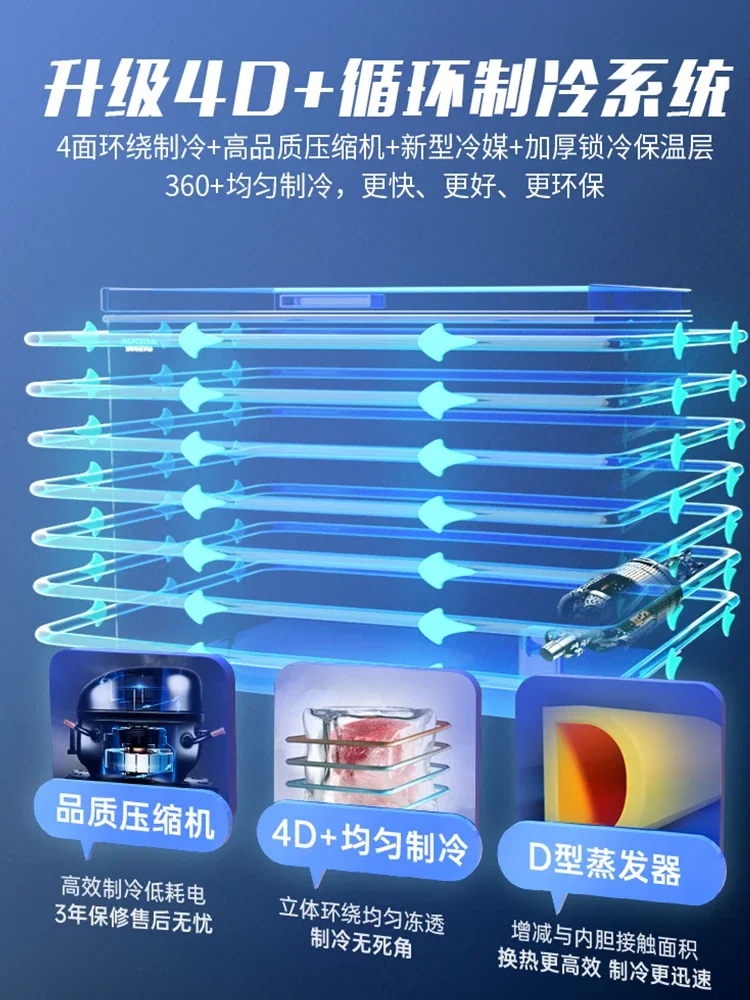 Household freezer, refrigerated, horizontal first level energy efficiency freezer, micro frost refrigerator