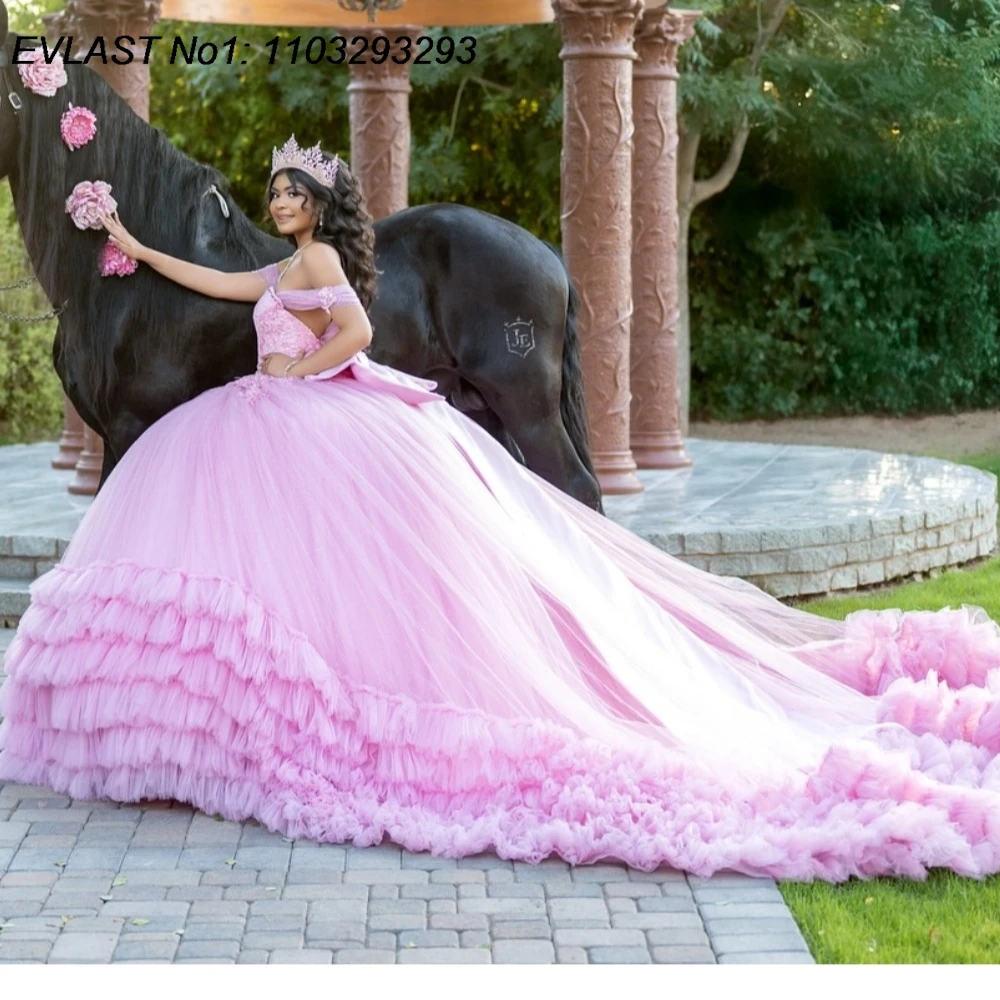 

EVLAST Customized Princess Pink Quinceanera Dress Ball Gown Ruffles Applique Beading Bow Sweet 16 Vestidos De 15 Anos E1QN542