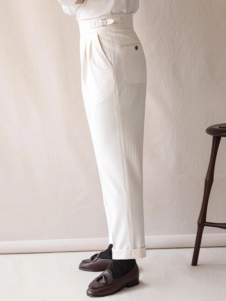 Męskie spodnie w stylu vintage z teksturą waflowej, na wiosnę i jesień, codzienne, casualowe, jednolite, garniturowe, modne, plisowane, proste.