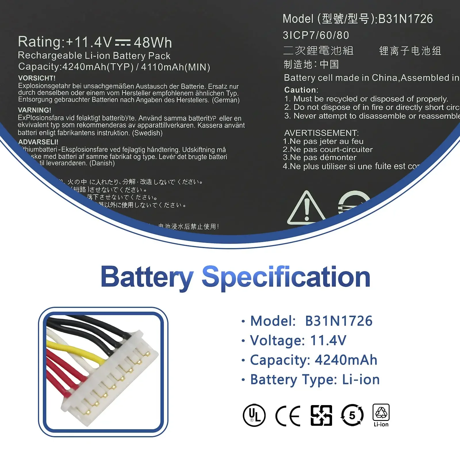 B31N1726 Laptop Battery Compatible with Asus FX80 FX86 TUF FX504 FX504GE FX504GM FX505 FX505DT FX505DY FX505GE FX505GD FX505GM