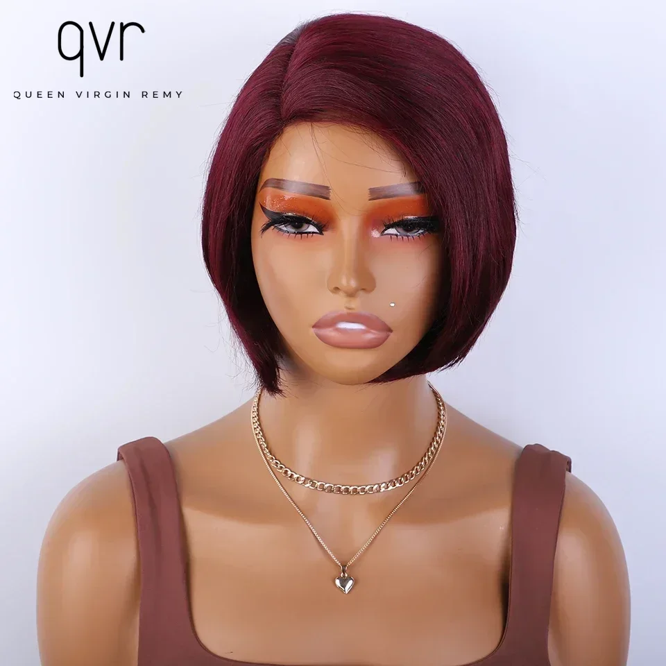 

QVR 99j Red Straight Bob Human Hair Wigs For Women Easy Wear Burgundy Short Pixie Cut Lace Wig Straight Bob Brazilian Human Hair