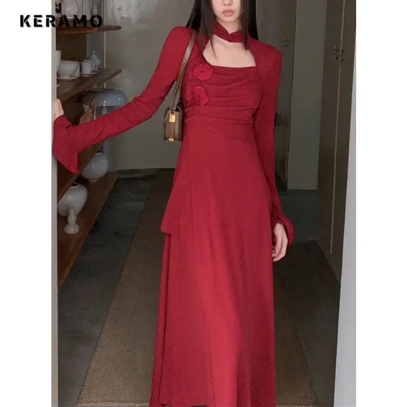 Vintage seksowne z długim rękawem kwiatowe aplikacje Slim Fit sukienki Midi 2023 wiosna damski elegancki kwadratowy kołnierzyk czerwona sukienka trapezowa