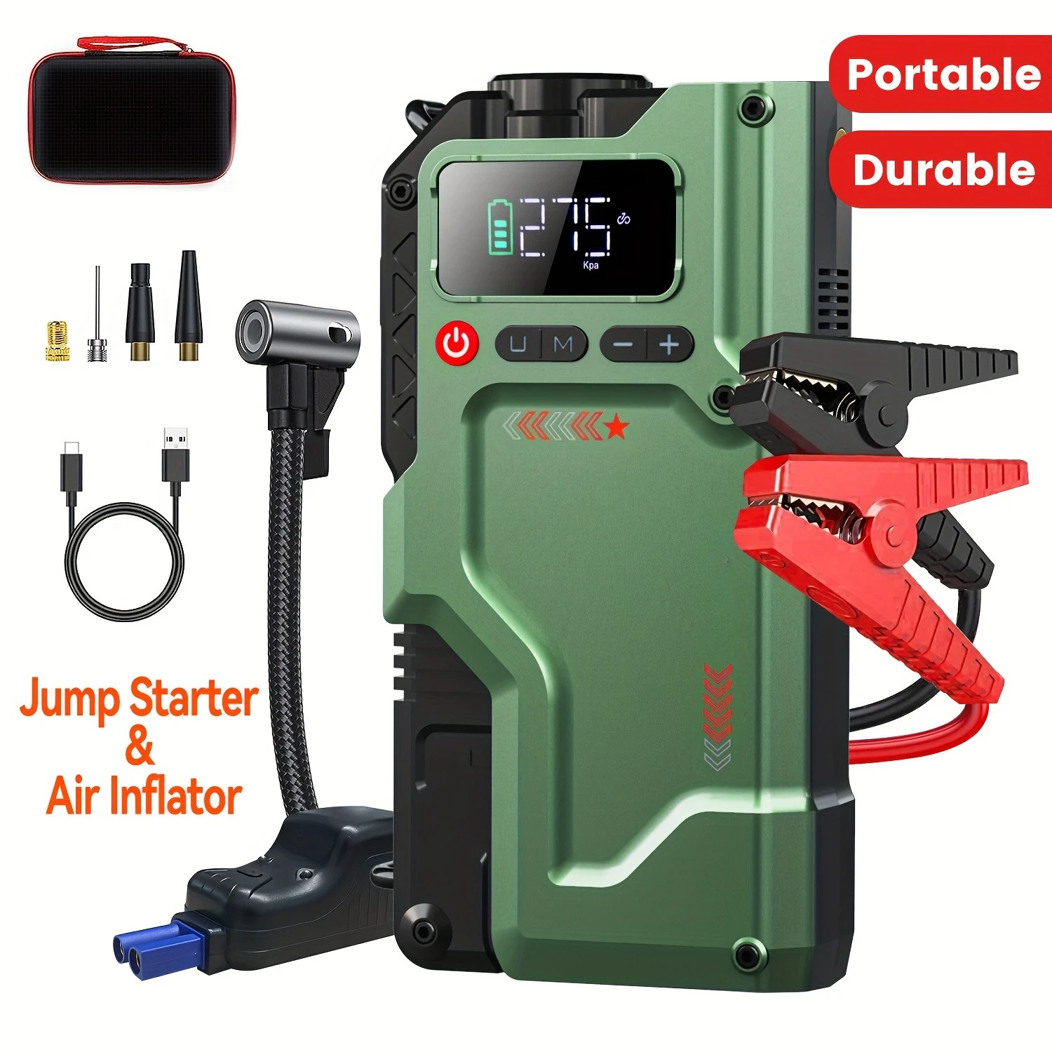 

1-Pack 9-in-1 Heavy-Duty Jump Starter, 20000MA, Air Compressor, Ideal for Gas/Diesel Cars & Gifting