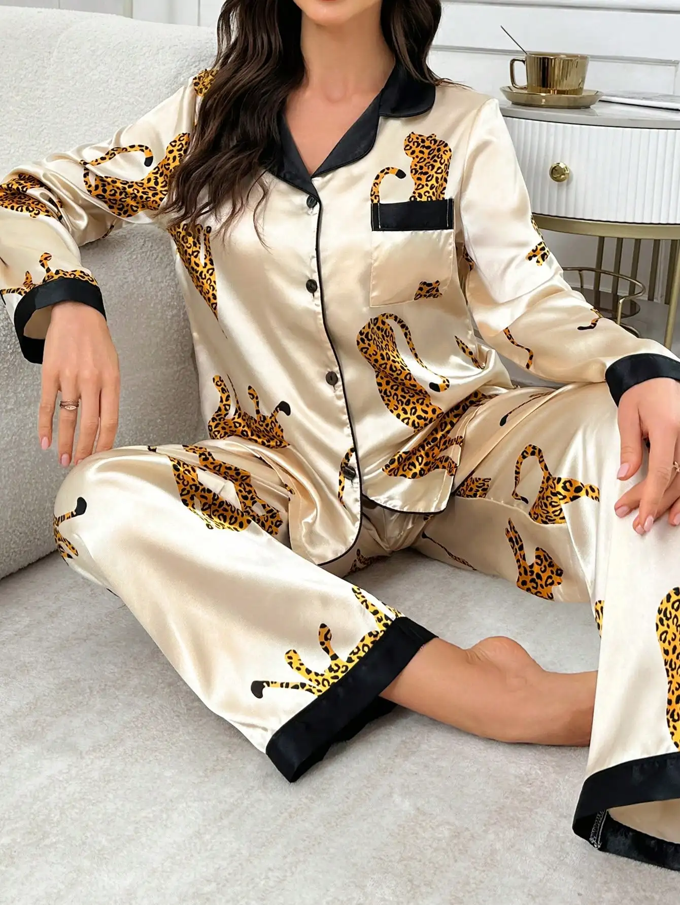 

Leopard Print Satin Long Sleeve Top & Pants Pajama Set With Lapel Collar, Cozy And Elegant Details, Fall Winter Clothes