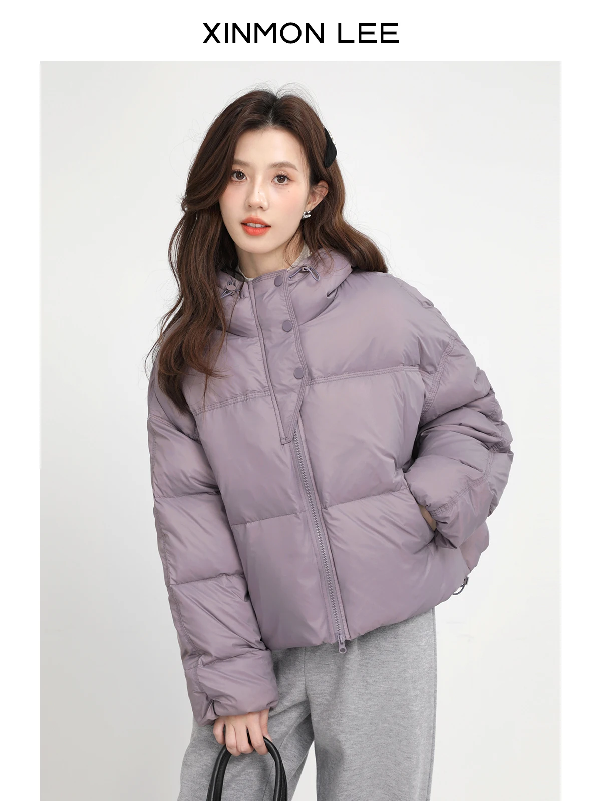 Xinmon Women's Short Lightweight Versatile Puffer Jacket Winter High-End Feeling Bread Style Durable Zipper Closure Long Sleeve