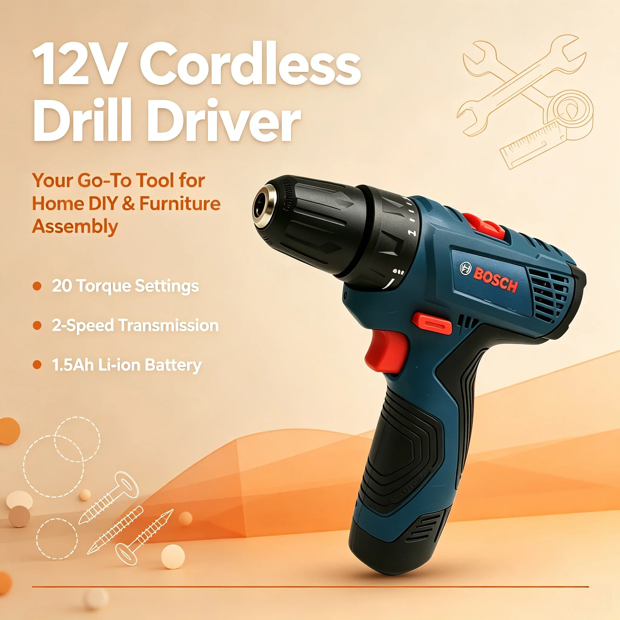 Bosch GSR120 Multi-Function Hand Drill, 12V Cordless Household Power Tool for Home DIY Tasks
