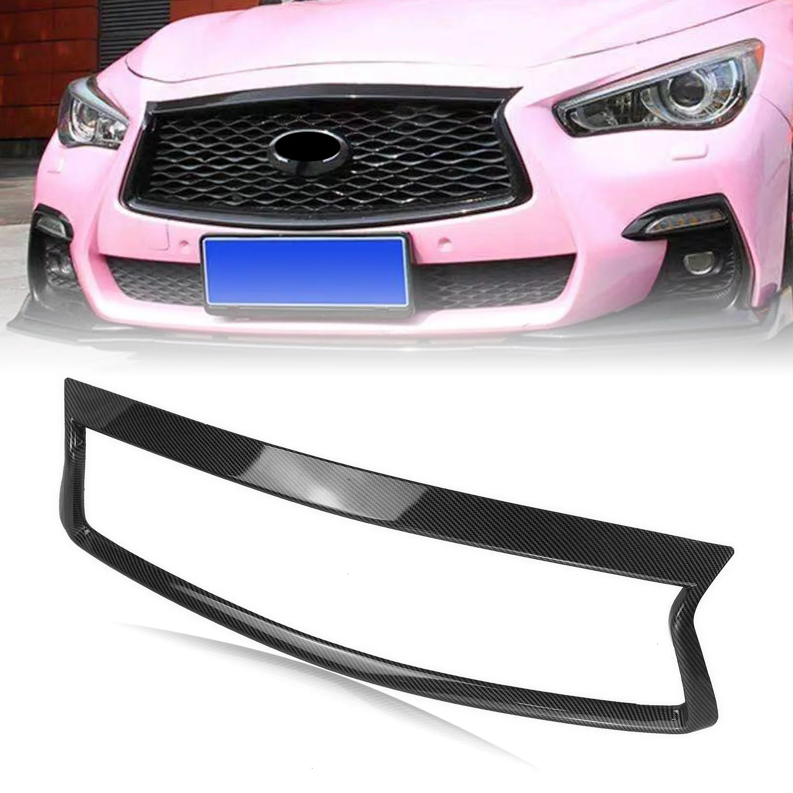 

Front Grille Trim Overlay For Infiniti Q50 Q50S 2018-2024 Carbon Fiber Look Add On Bumper Hood Grill Frame Bezel Rim Cover Strip