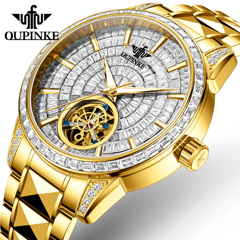 OUPINKE Full Diamond Men's Mechanical Watch Luxury Brand Original Skeleton Flywheel Tungsten Steel Automatic Watch for Man 3321