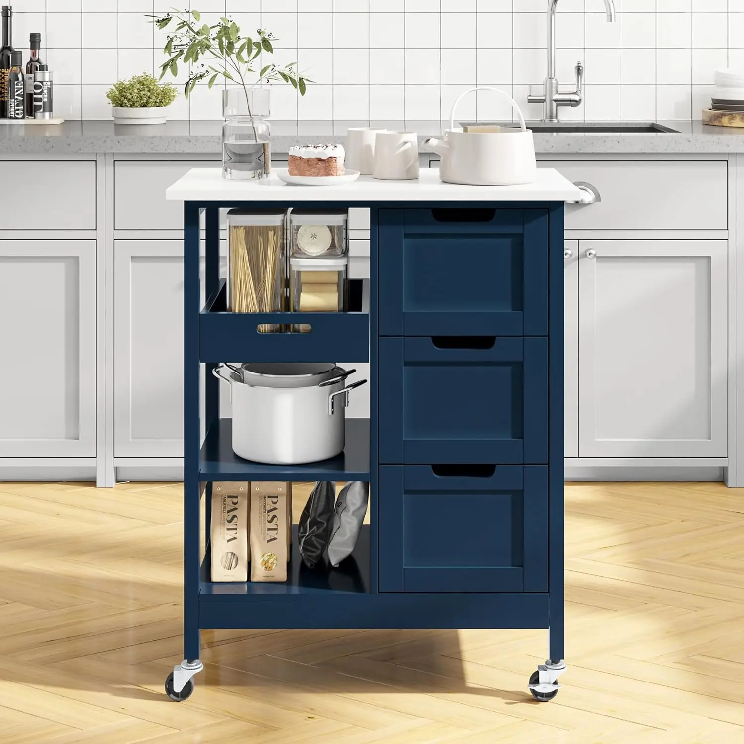 Dwvo Rolling Kitchen Island Cart With 3 Drawers, 27 Inch Soild Wooden Countertop Kitchen Storage Cabinets, Drawers Cart For