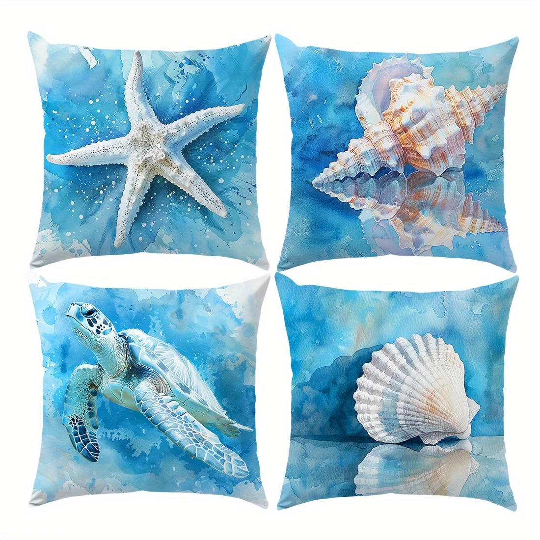 Boho Ocean Print Throw Pillow Covers Set 4 Pack Starfish Seashell Sea Turtle Coastal Nautical Home Decor Cushion Polyester