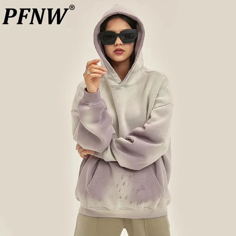 PFNW Male Wash Hooded Sweatshirt New Long Sleeve Worn-out Edging Large Pocket Casual Men's Tops Autumn 2024 Chic 28W3945