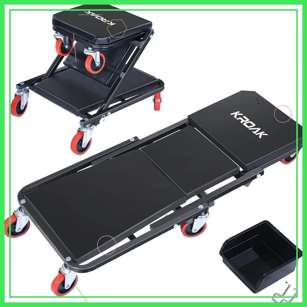 

36-дюймовое сиденье 2-в-1 на колесиках для гаража, регулируемое складное кресло для ремонта автомобилей, емкость 330 фунтов