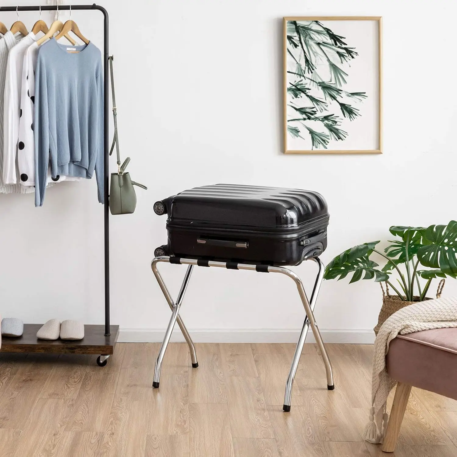 مطلوب التجميع، حامل حقيبة معدني قابل للطي مع أحزمة من النايلون، لغرفة النوم المنزلية وغرفة الضيوف والفندق، ورف الأمتعة، فضي (2) #2